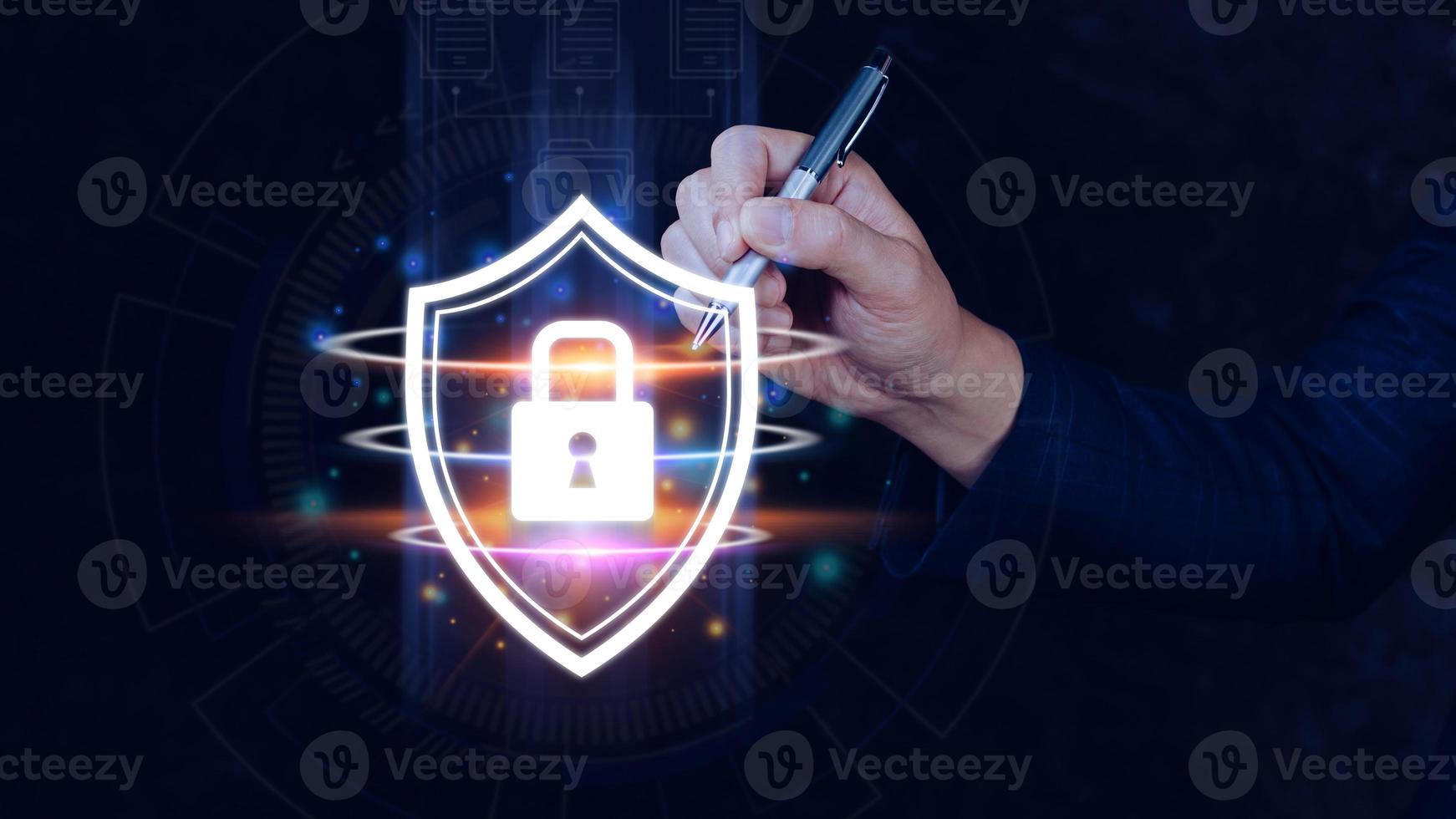 Computer network protection, secure and safe your data concept, businessman holding shield protection icon, Security shield Lock Security Businessman Protect Concept photo