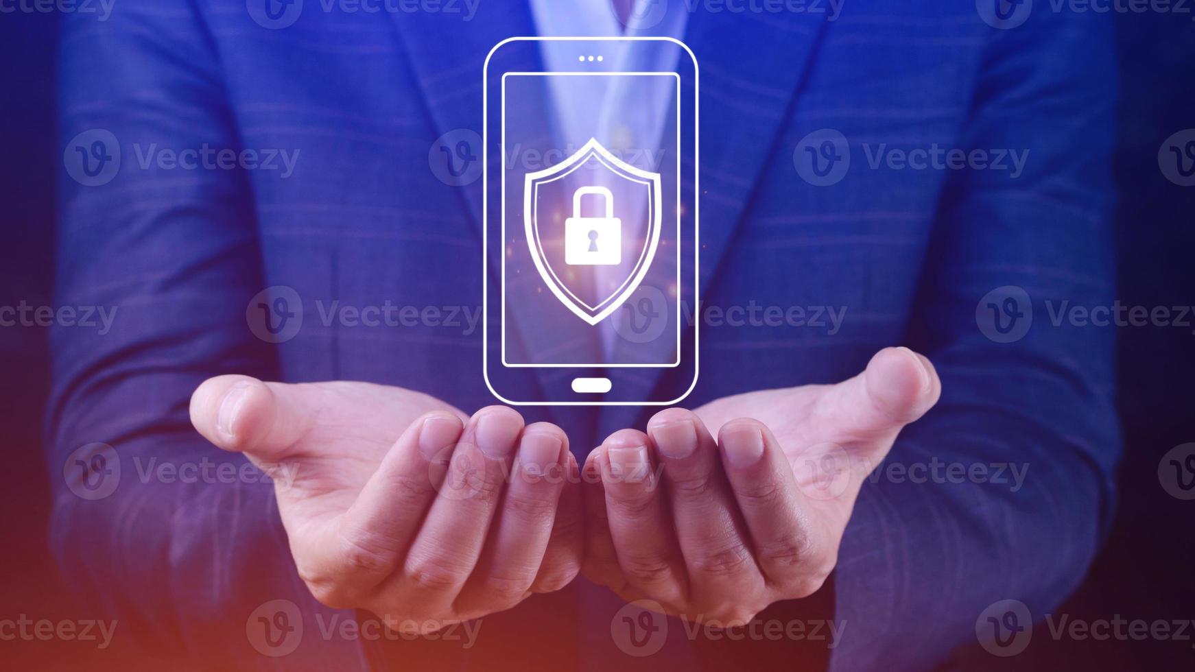 Cybersecurity and privacy concepts to protect data. Lock icon and internet network security technology, Businessman protecting personal data on smartphone, Virtual screen interfaces, cyber security. photo