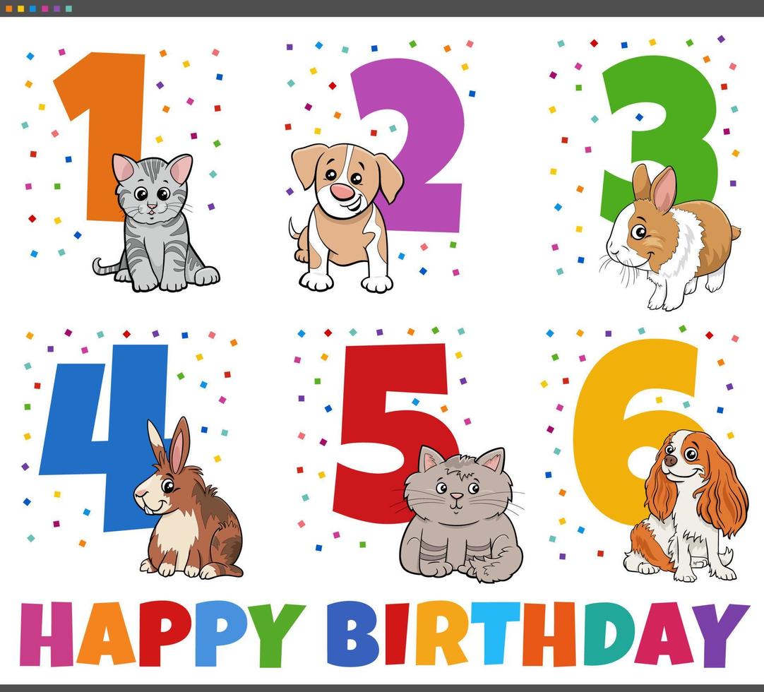 cumpleaños saludo tarjetas conjunto con dibujos animados mascotas animal caracteres vector