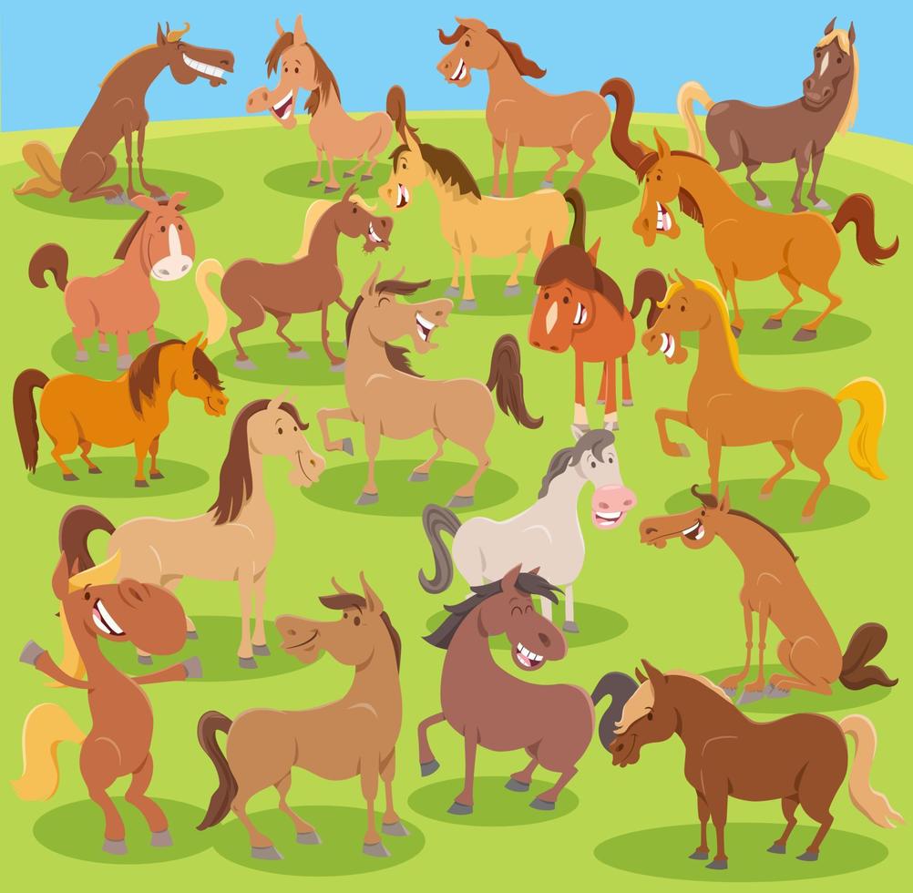 cartoon horses farm animals comic characters group vector