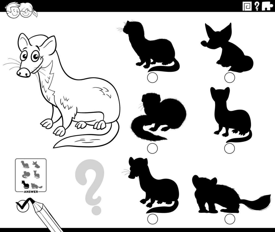 shadow game with cartoon weasel animal character coloring page vector