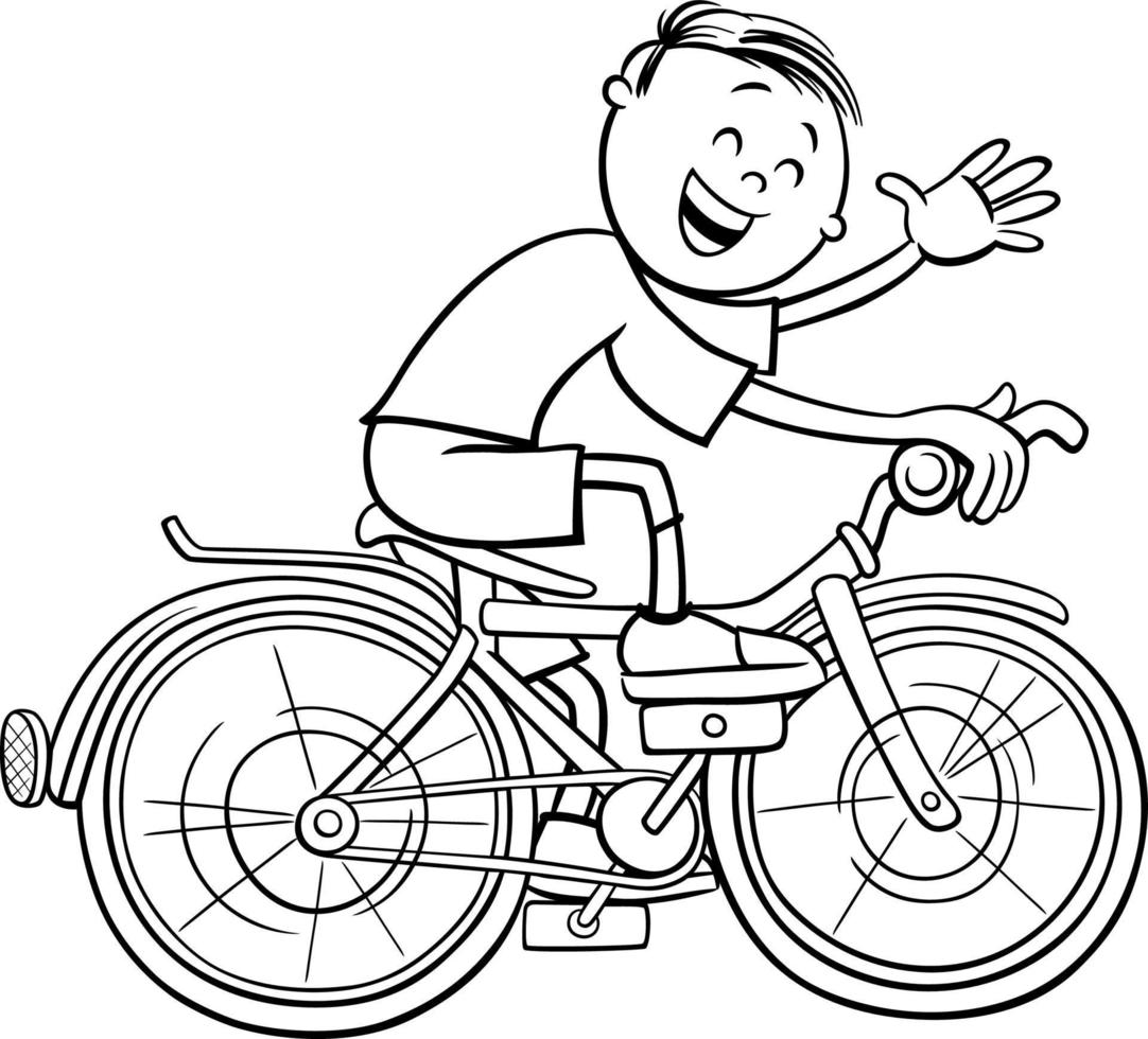 cartoon boy character riding a bicycle coloring page vector