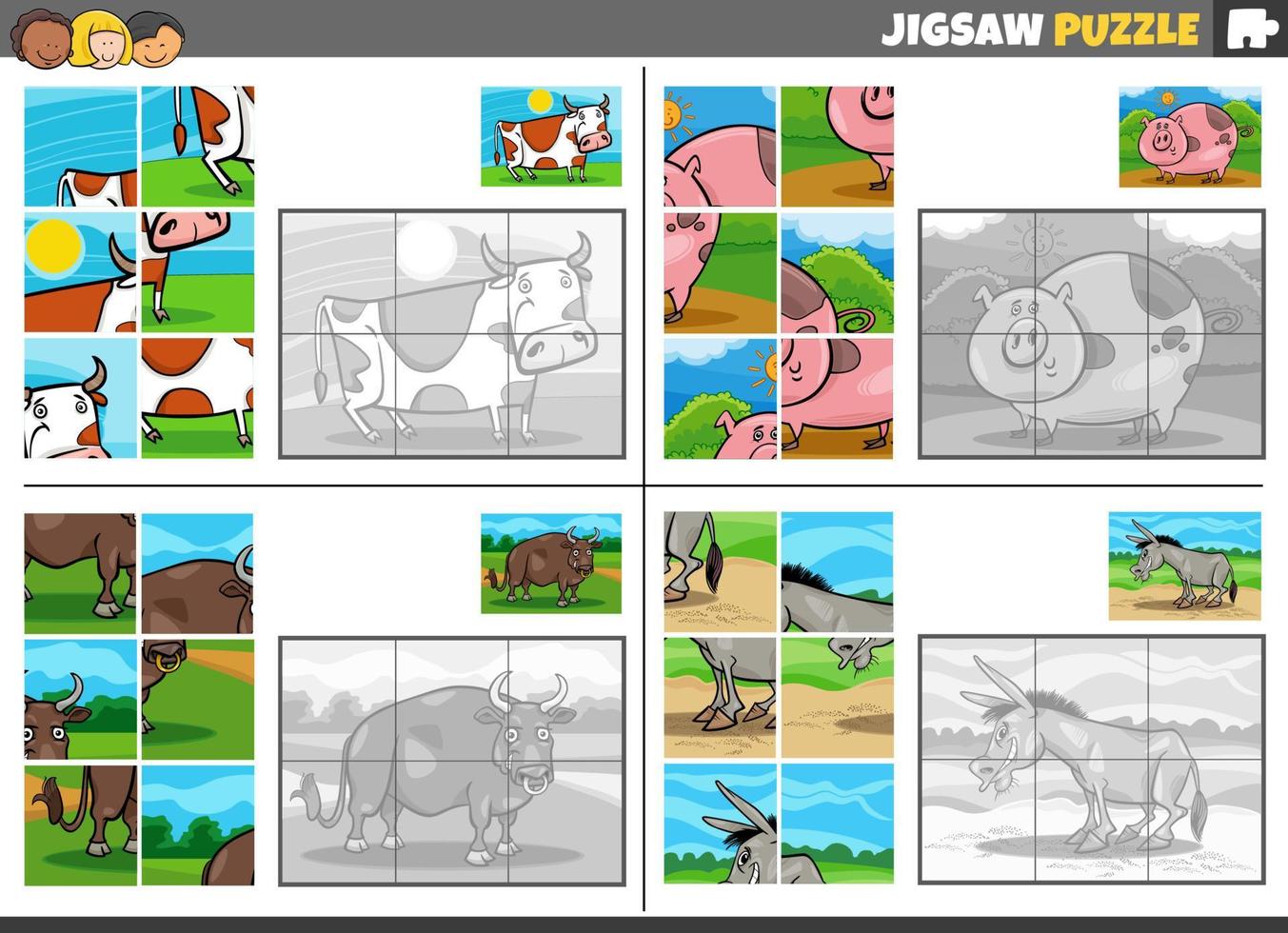 jigsaw puzzle game set with cartoon farm animals vector