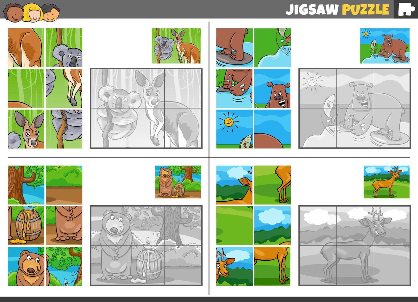jigsaw puzzle game set with cartoon wild animals vector