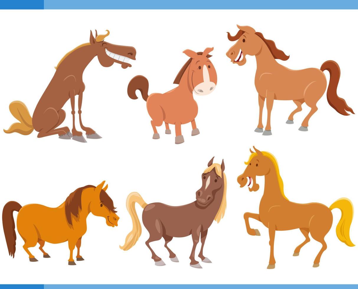 dibujos animados contento caballos granja animal caracteres conjunto vector