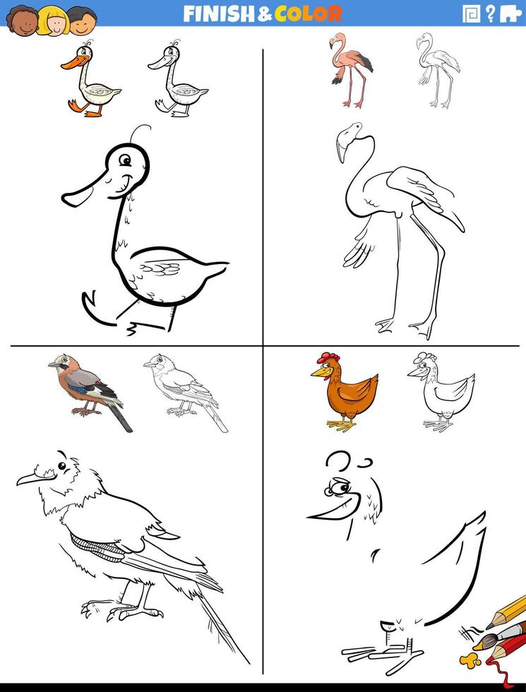 drawing and coloring worksheets set with comic birds vector