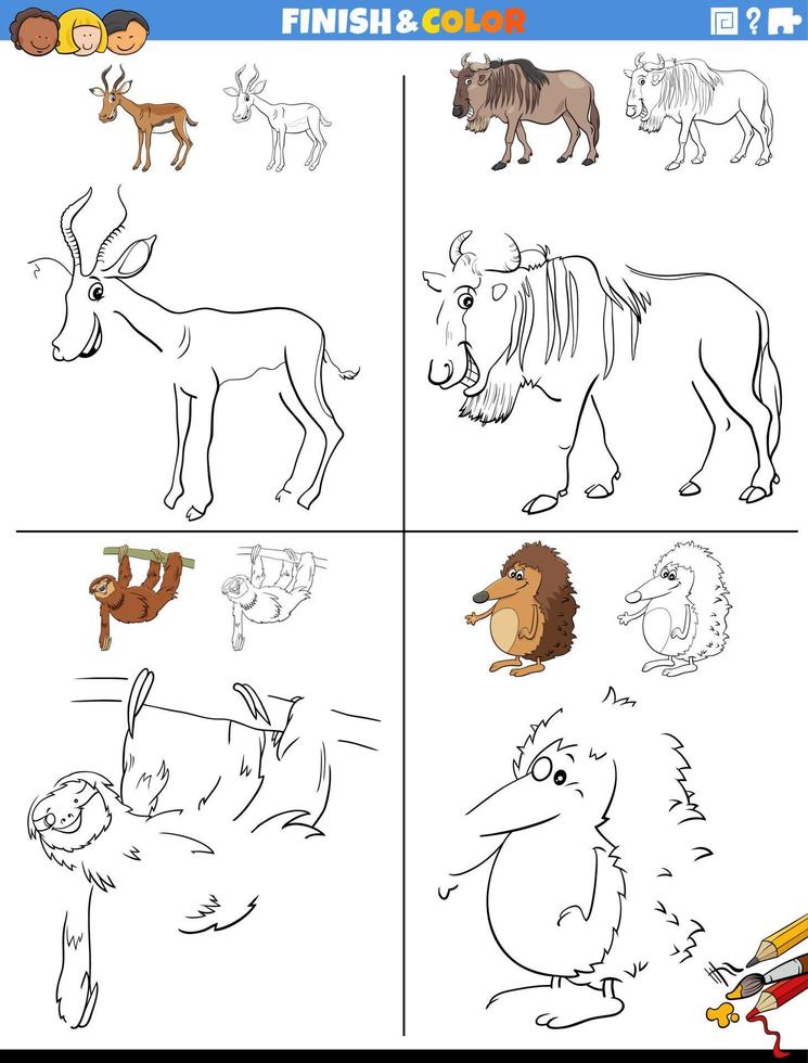 drawing and coloring worksheets set with animals vector