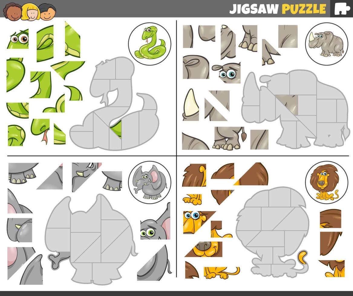 jigsaw puzzle games set with cartoon animal characters vector