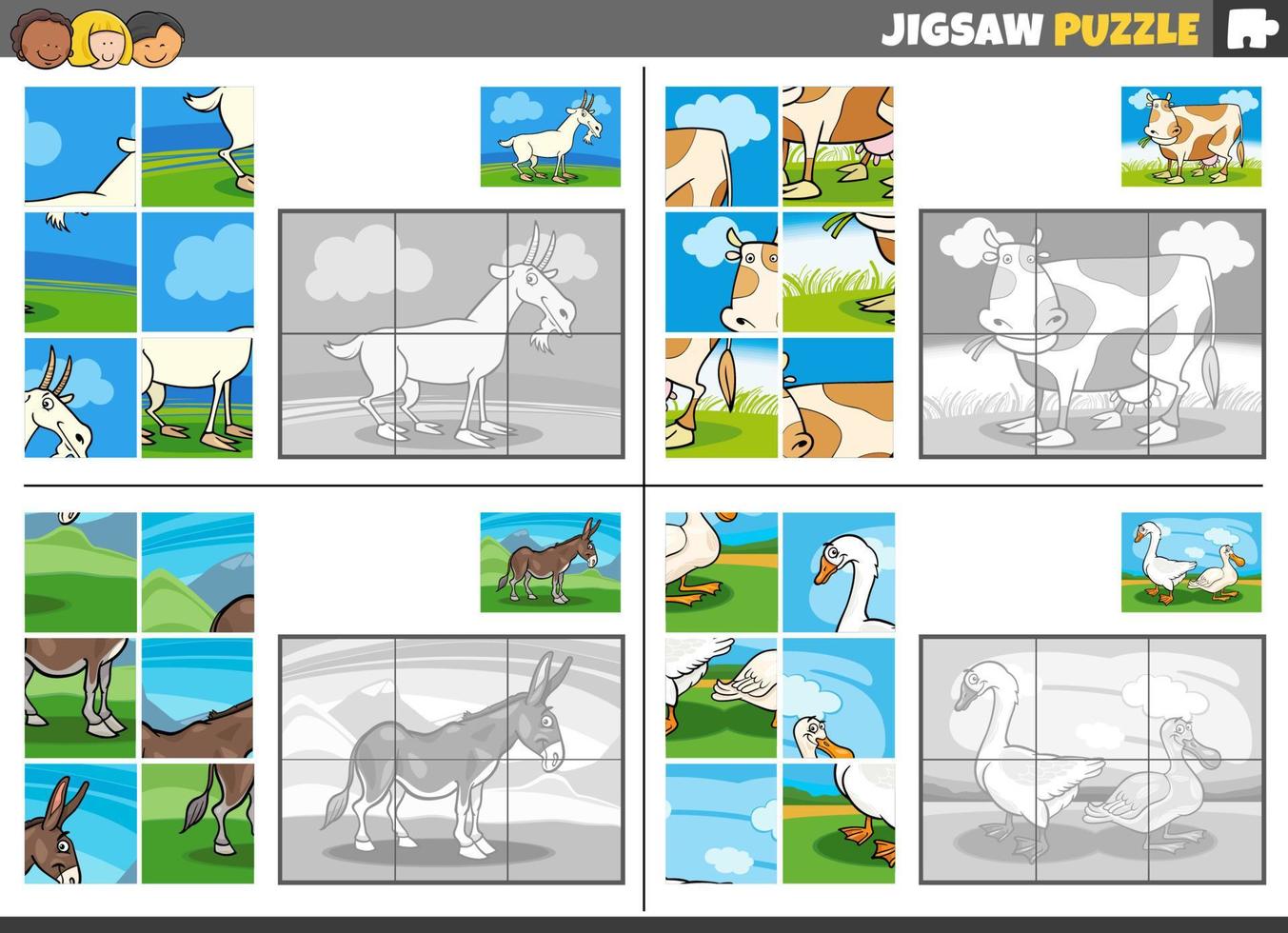jigsaw puzzle game set with farm animal characters vector