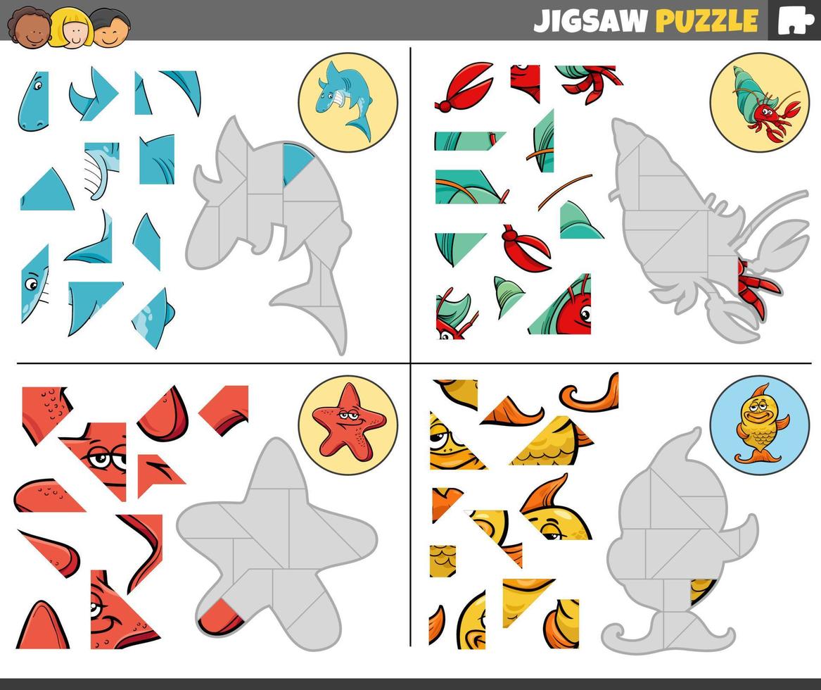 jigsaw puzzle tasks set with cartoon marine animals vector