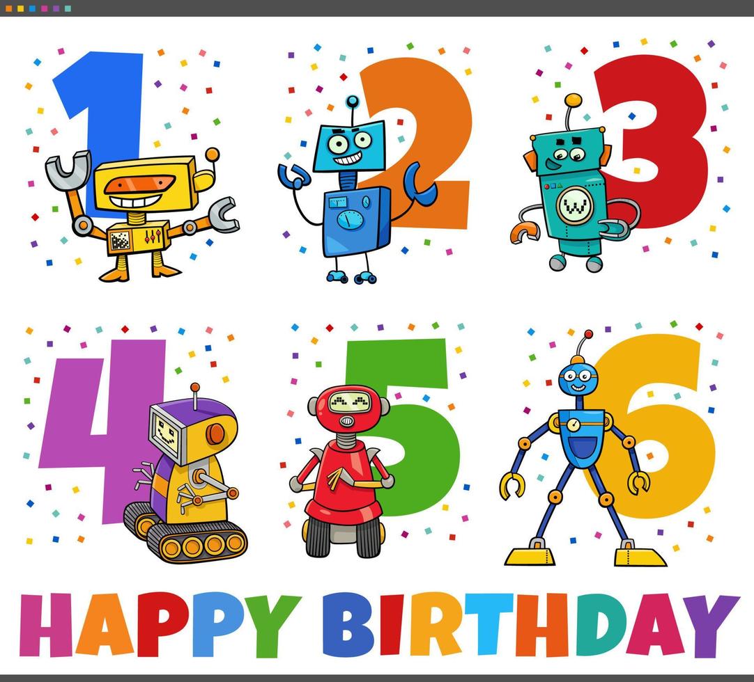 cumpleaños saludo tarjetas conjunto con dibujos animados robots caracteres vector