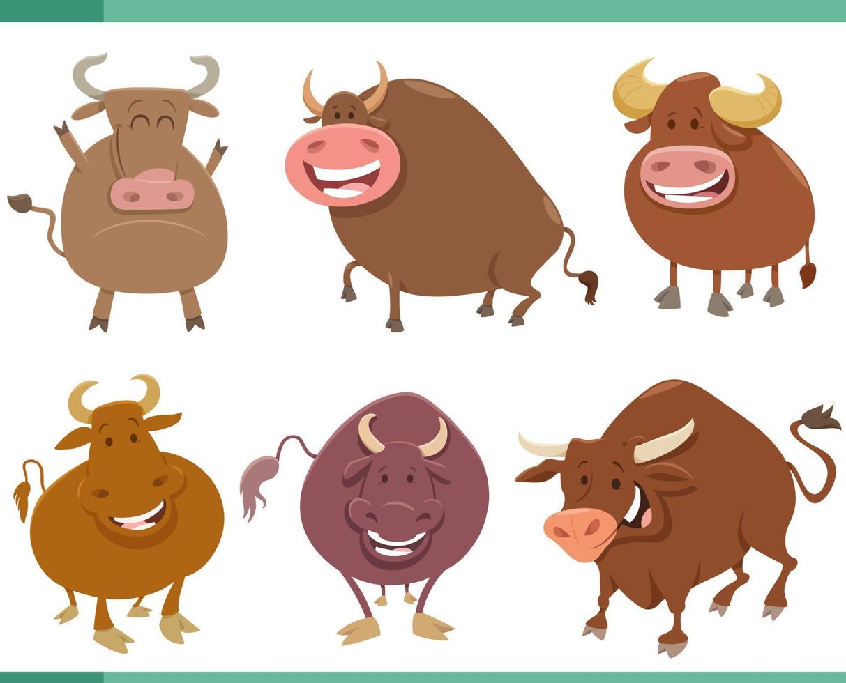 cartoon funny bulls farm animal characters set vector