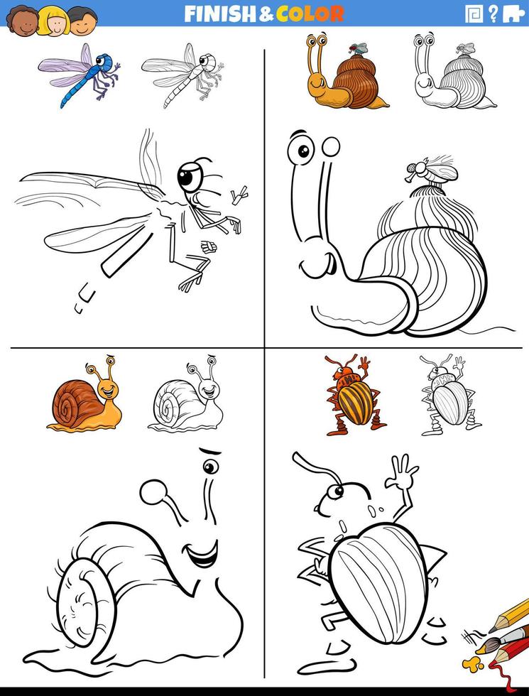 drawing and coloring worksheets set with funny animals vector