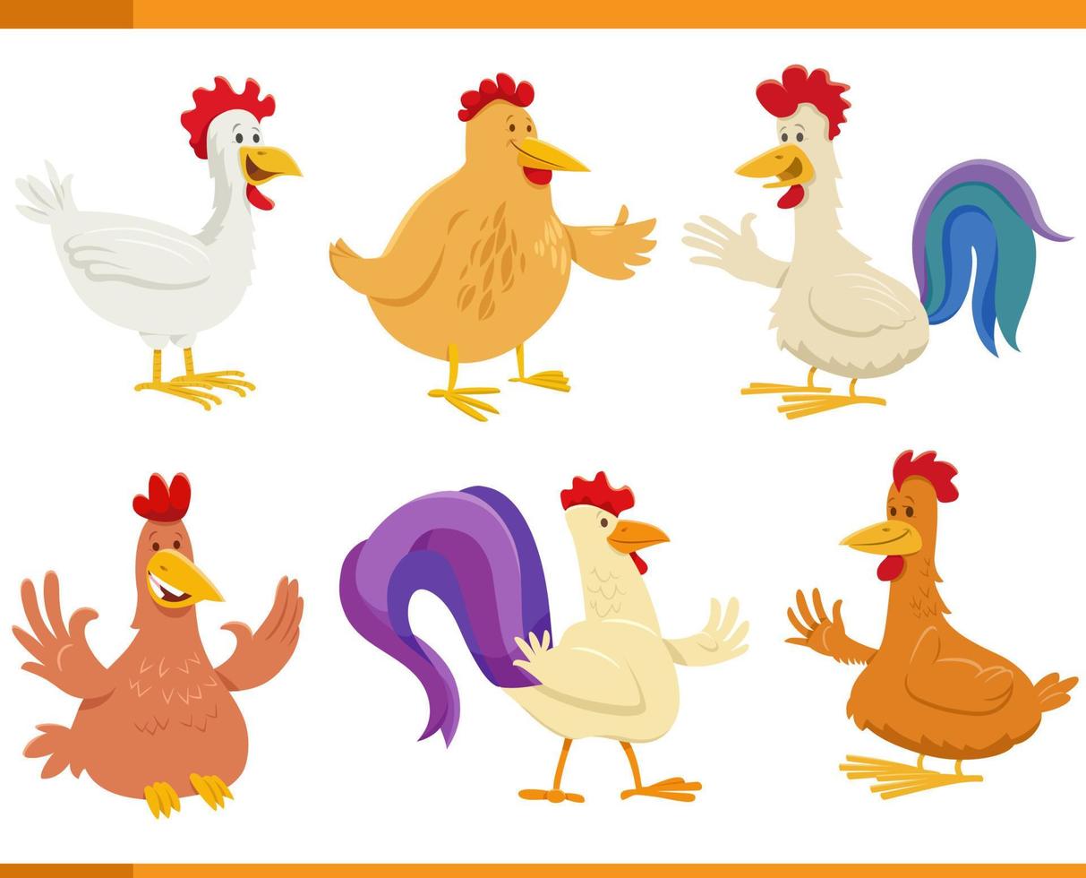 cartoon funny chickens farm animal characters set vector