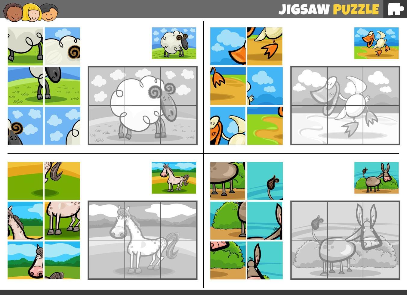 jigsaw puzzle game set with comic farm animals vector