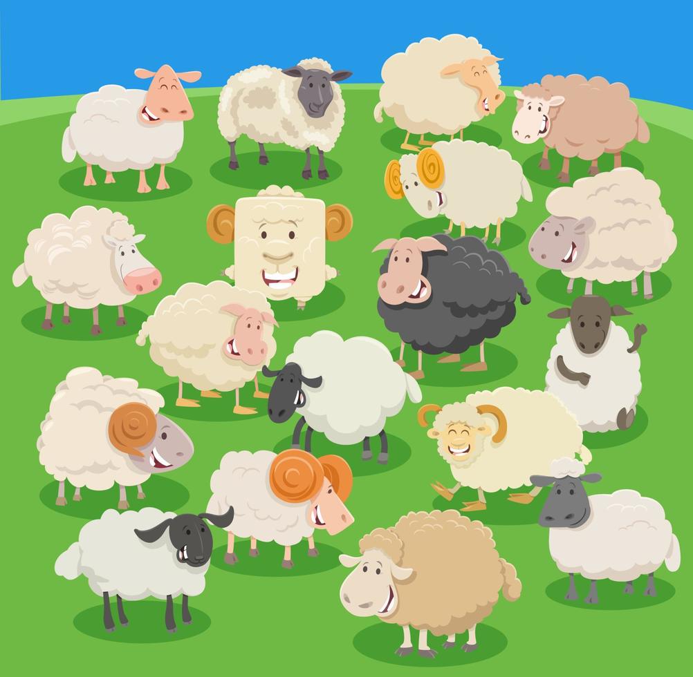 cartoon sheep and rams farm animals comic characters group vector