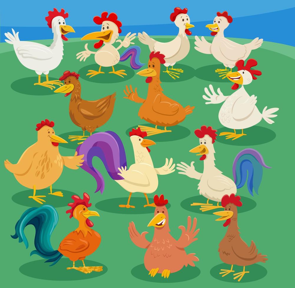 cartoon chickens farm animals comic characters group vector