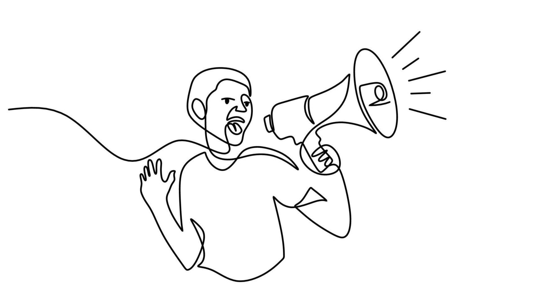 One line drawing of man hold megaphone horn on white background vector