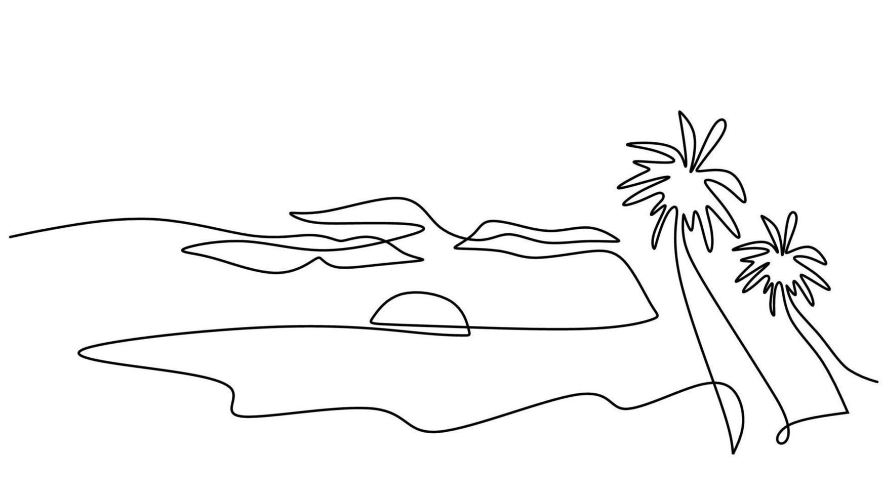 One line drawing of beach and sunset isolated on white background vector