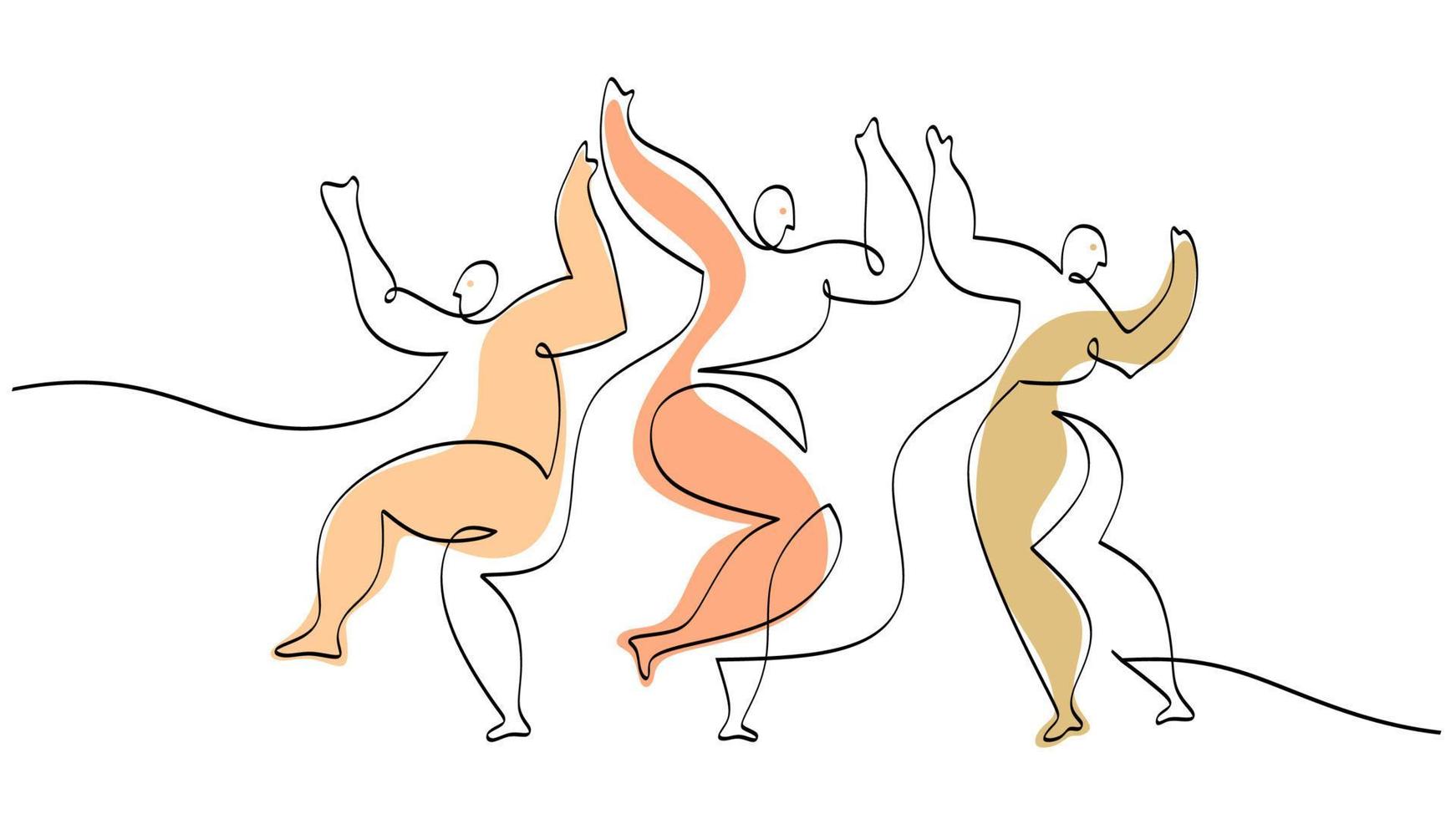 One single line drawing of three dancing people picasso style. vector