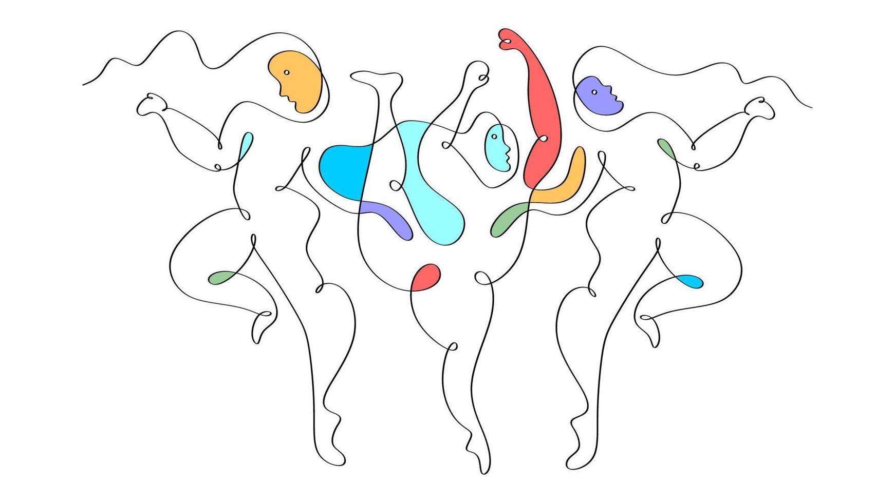 One single line drawing of three woman dancing people picasso. vector