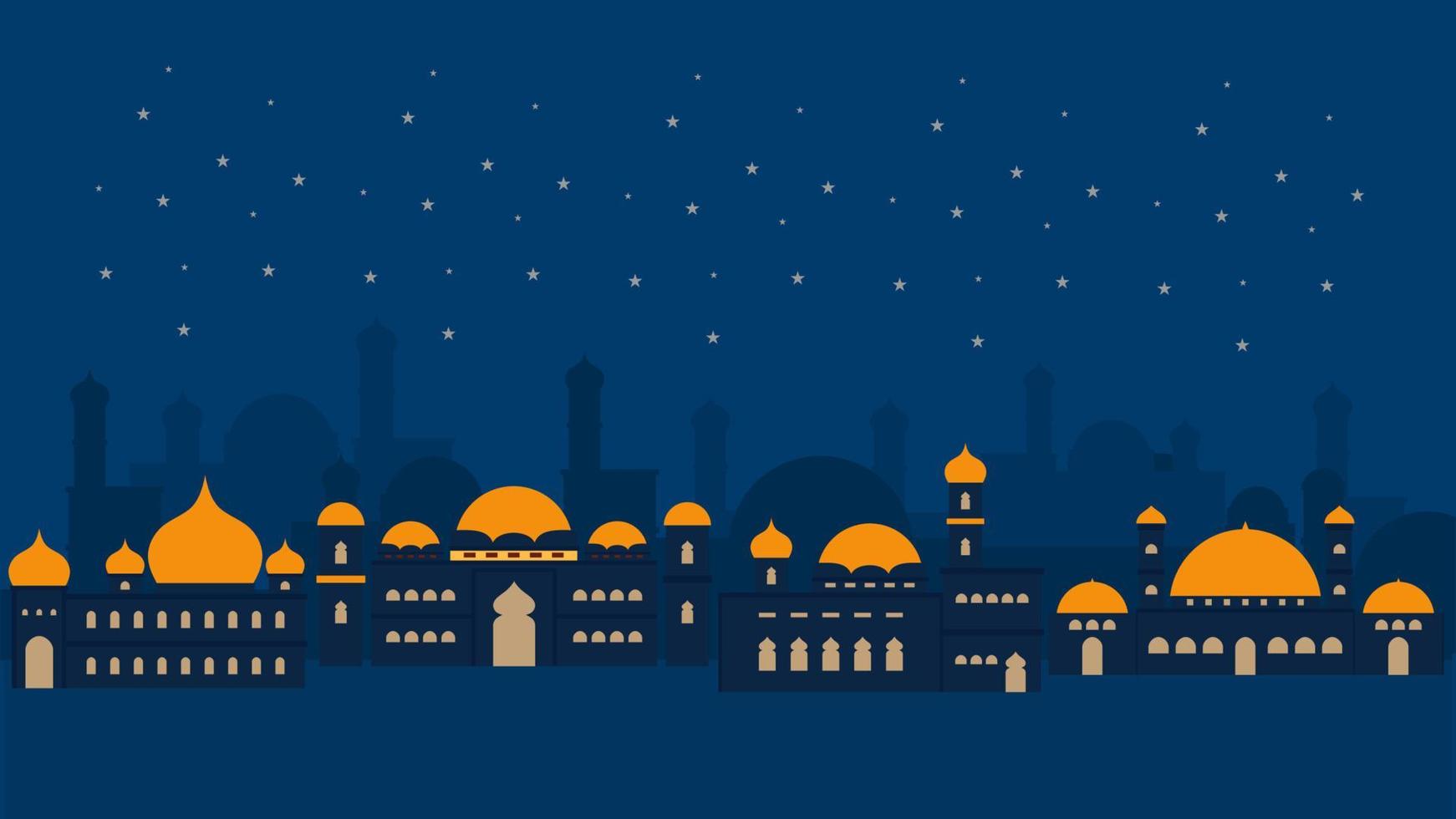 cuatro grande mezquita en el Desierto a noche para Ramadán concepto. vector