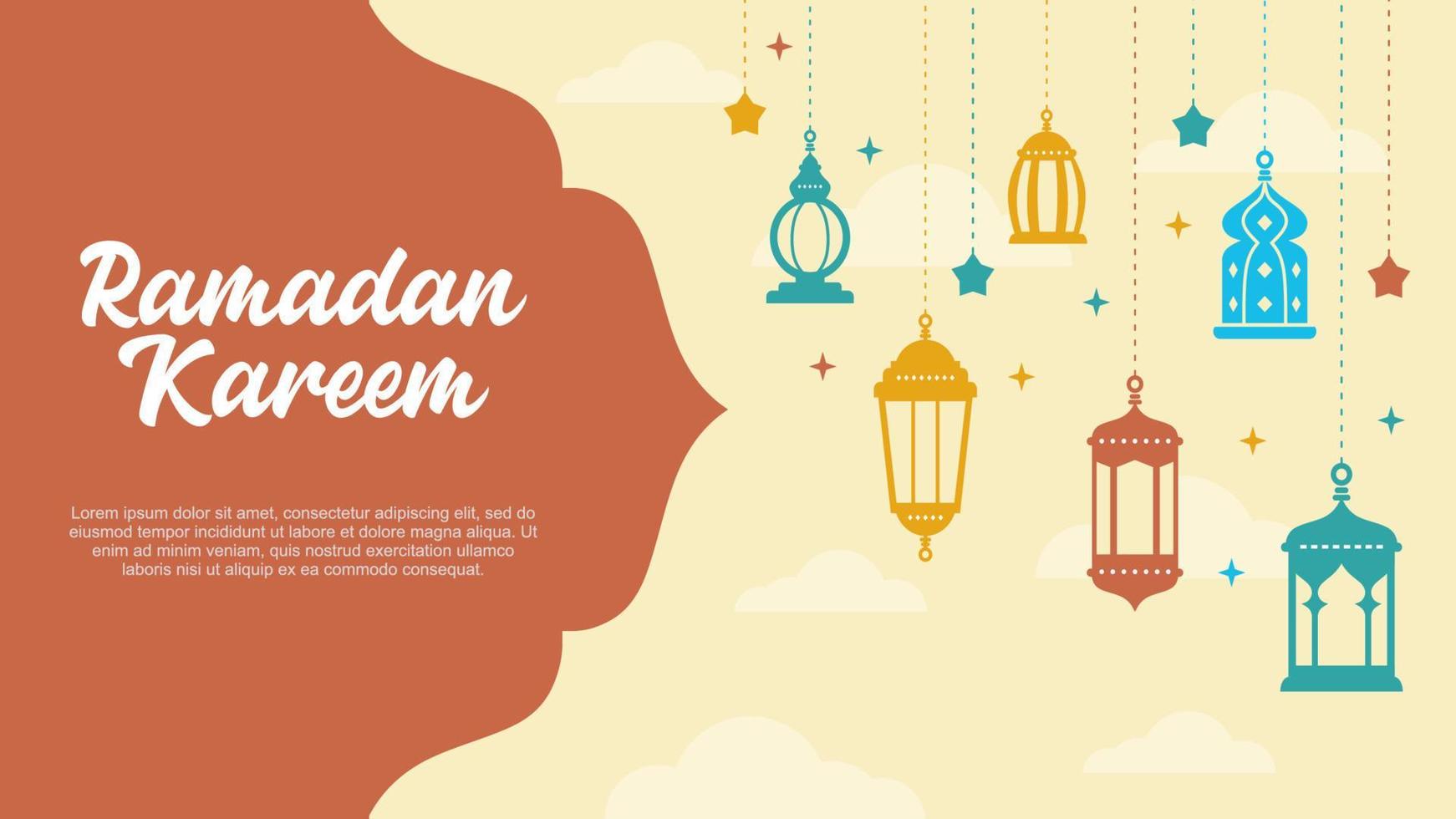 Ramadan kareem background with hanging lanterns and islamic ornaments. vector