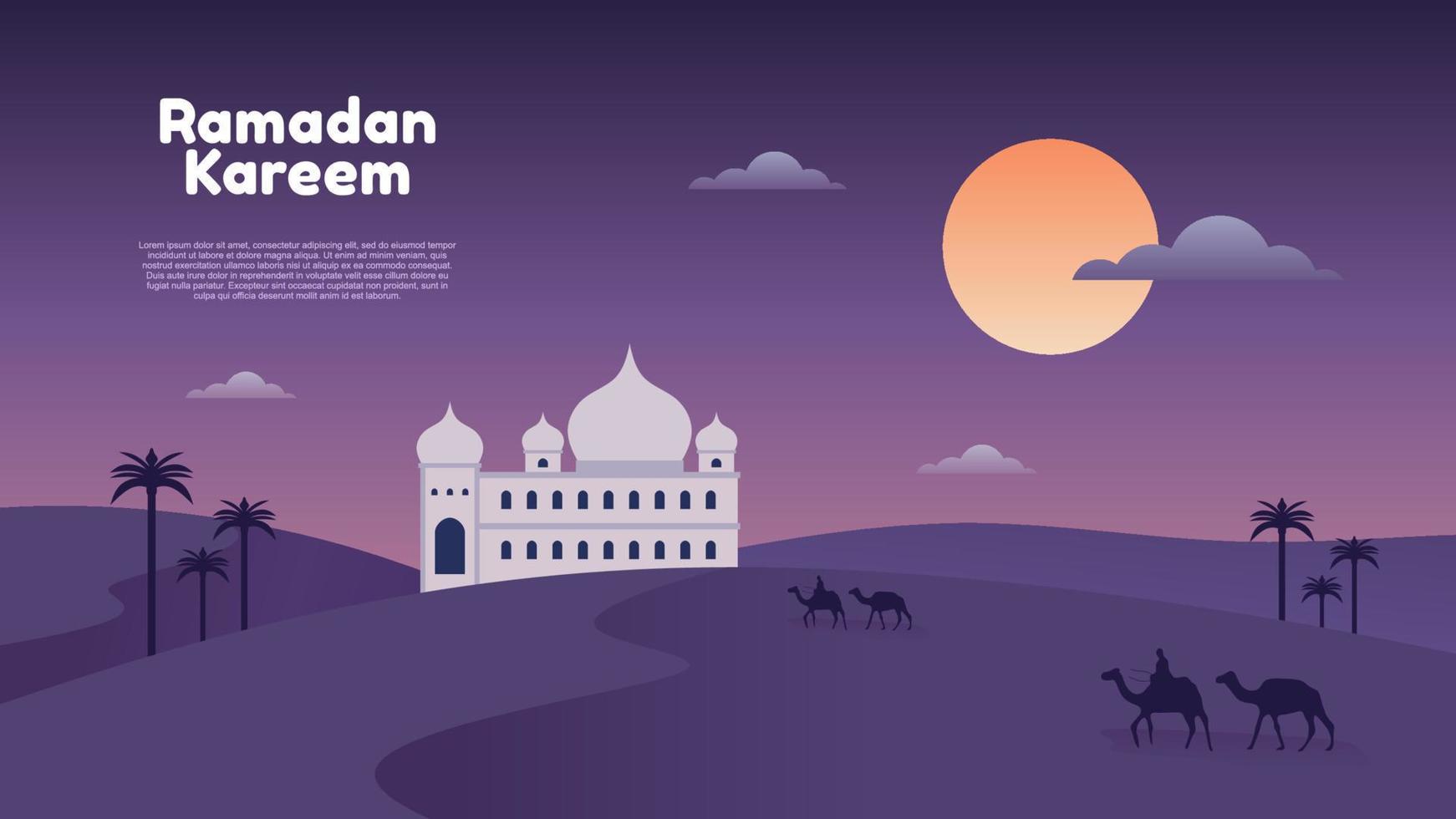Ramadan kareem with mosque, moon, desert and people on camel at night, vector