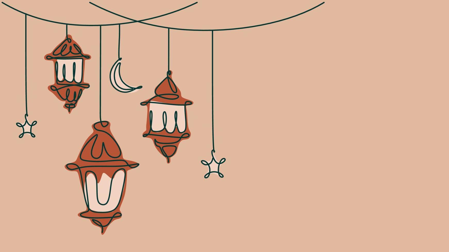 One line drawing of hanging lanterns and islamic ornaments. Continuous single line minimalism. vector