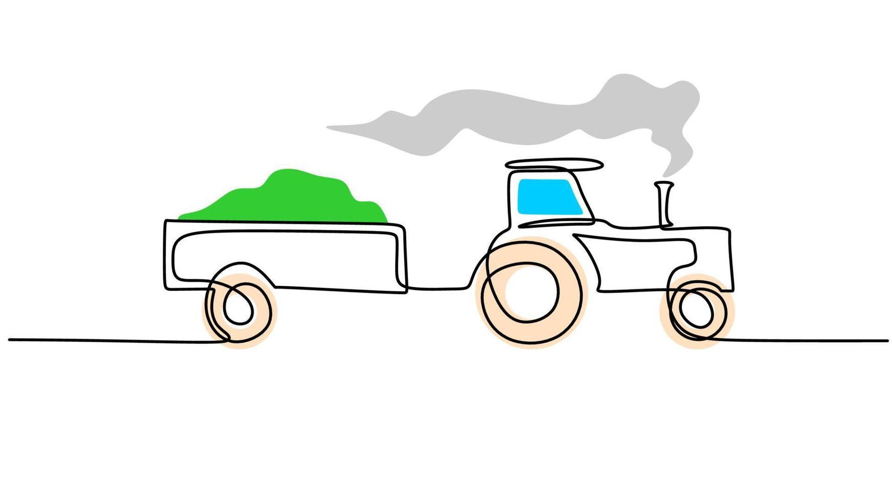 One line drawing of big tractor and train isolated on white background. Continuous single line minimalism. vector