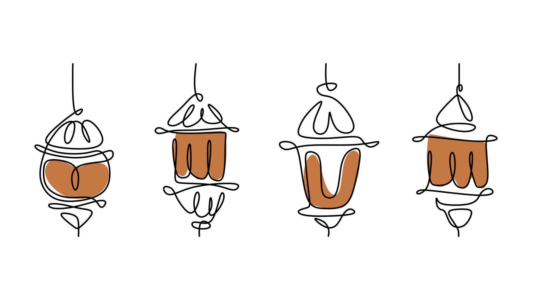One line drawing of four lanterns isolated on white background. Continuous single line minimalism. vector