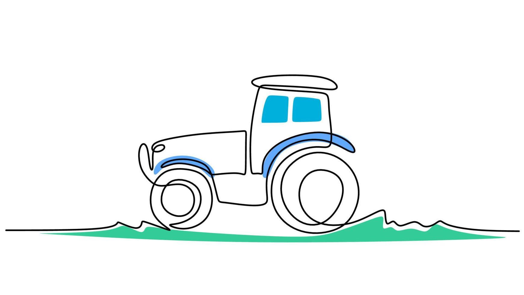 One line drawing of big tractor on field isolated on white background. Continuous single line minimalism. vector