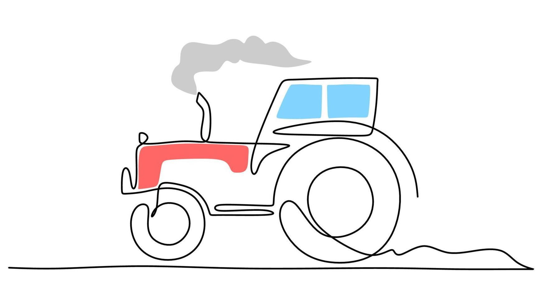 One line drawing of big tractor isolated on white background. Continuous single line minimalism. vector