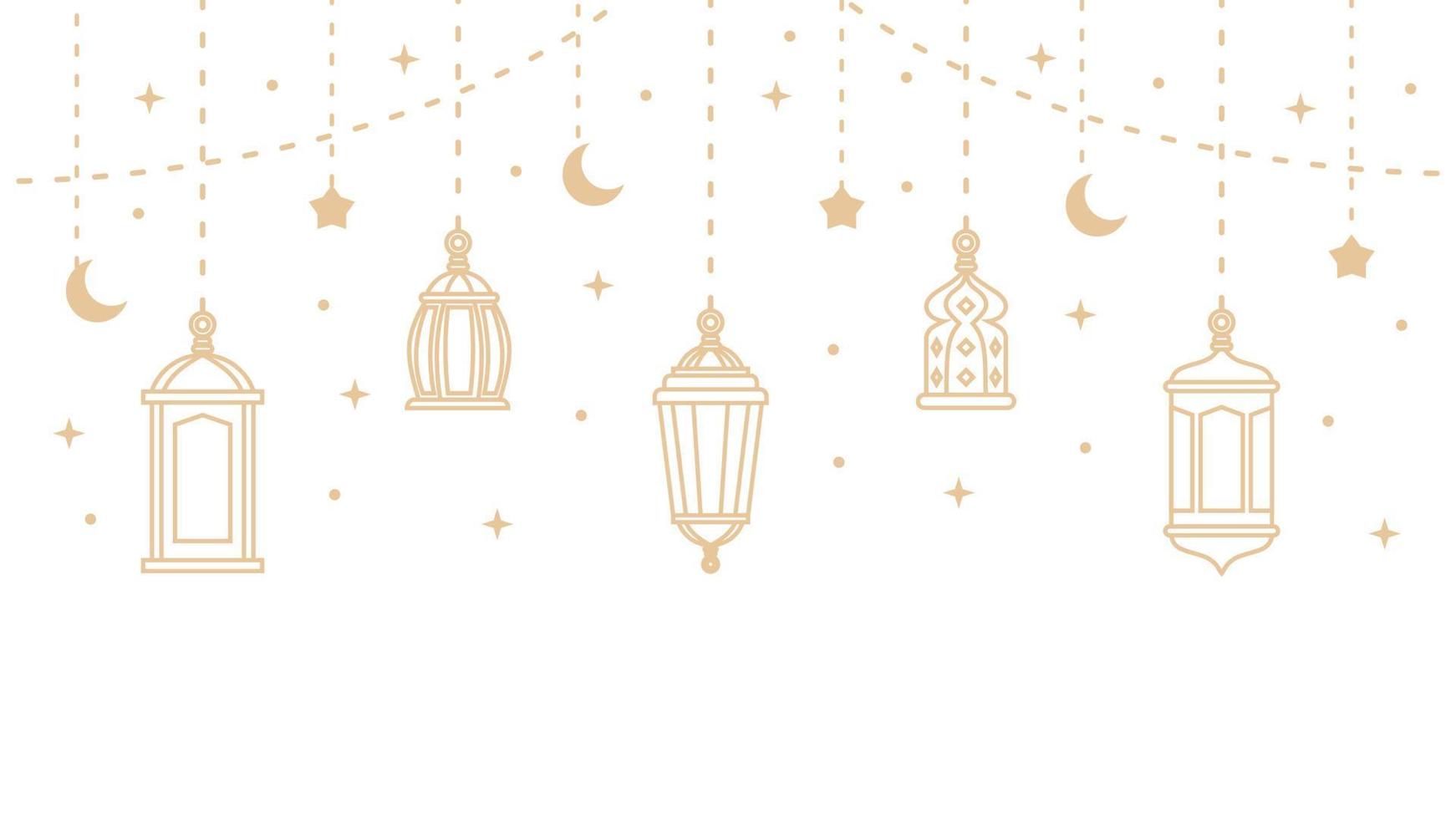 Five hanging ramadan lanterns and islamic ornaments vector