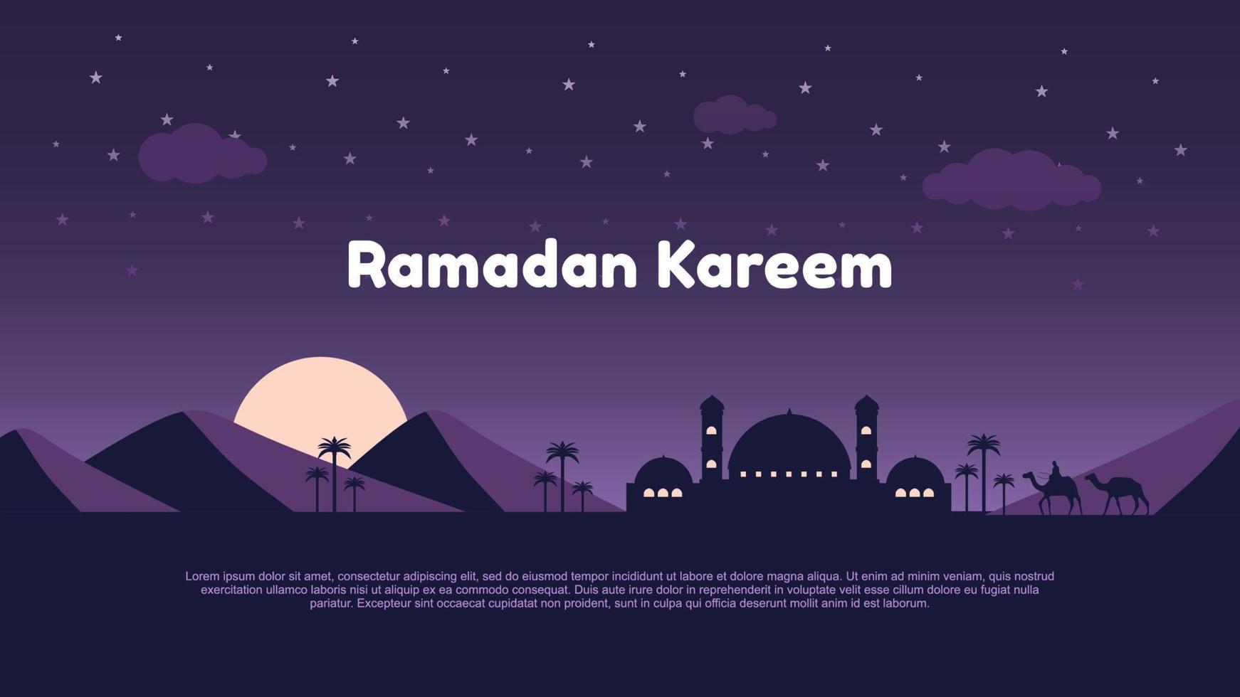 Ramadan kareem background with mosque, moon and mountain at night, vector