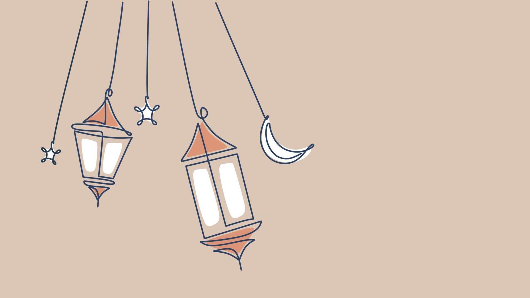 One line drawing of hanging lanterns, moon and islamic ornaments. Continuous single line minimalism. vector