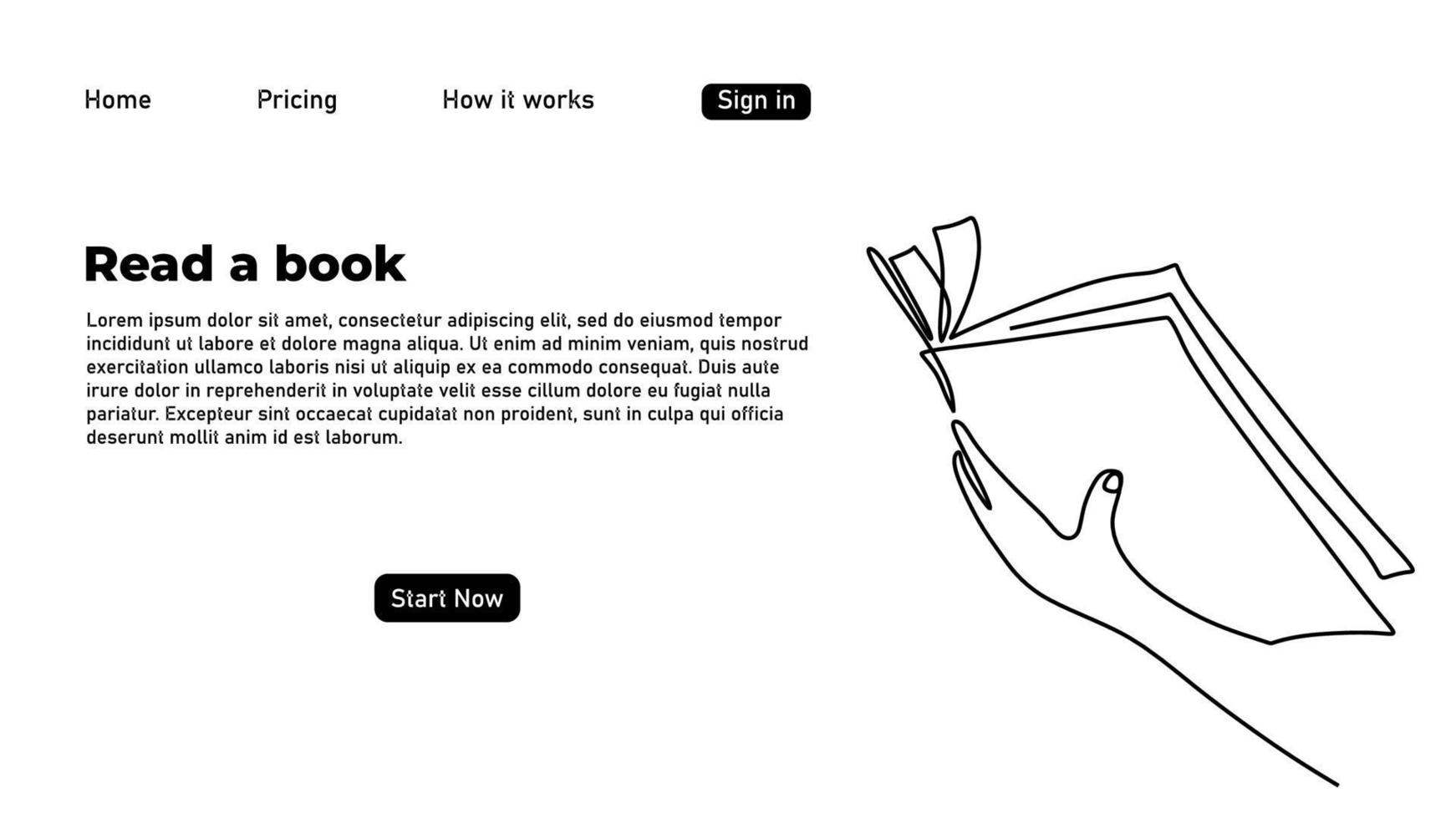 One continuous single line drawing of reading book landing page web vector