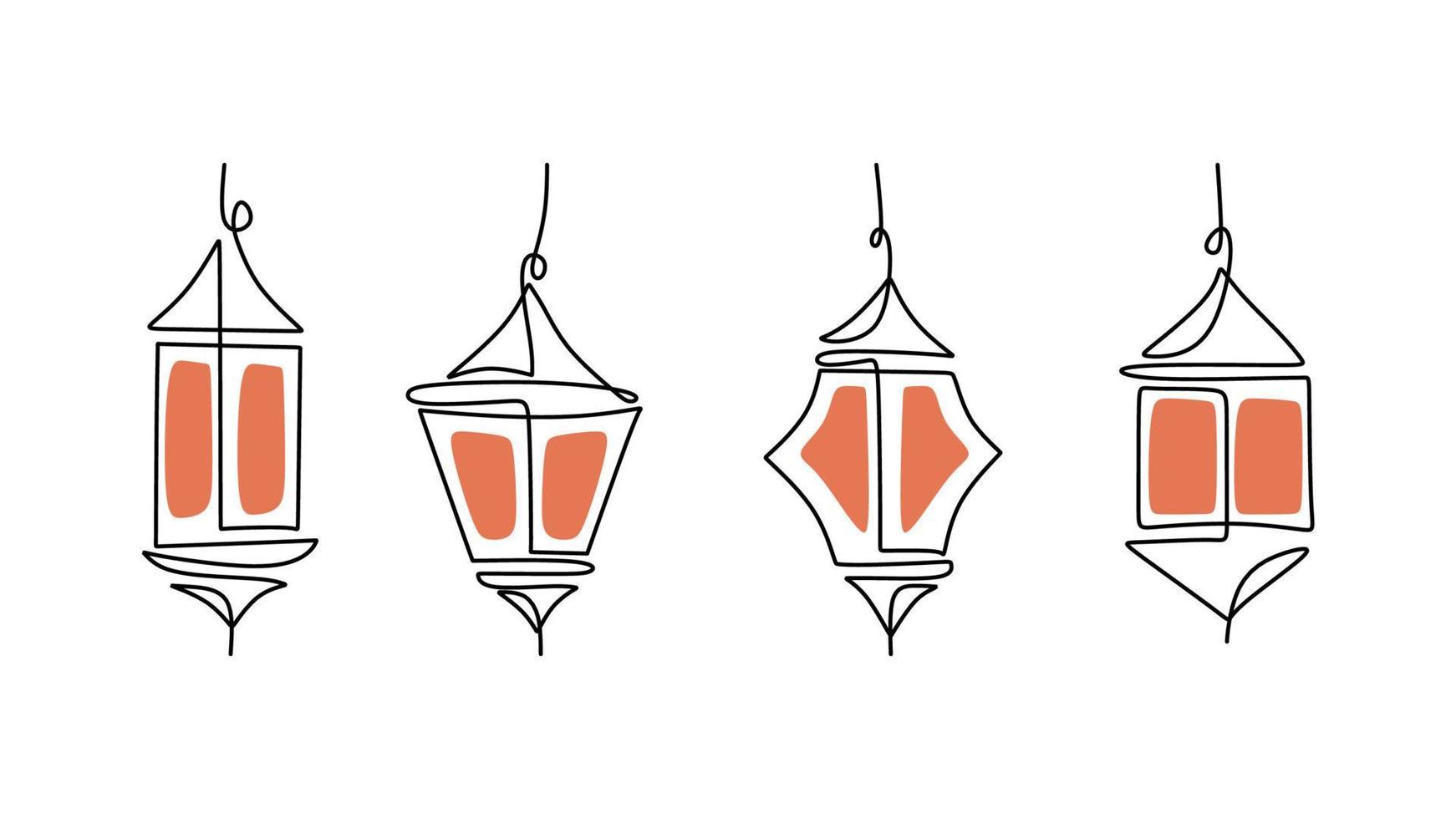 One line drawing of four lanterns isolated on white background. Continuous single line minimalism. vector