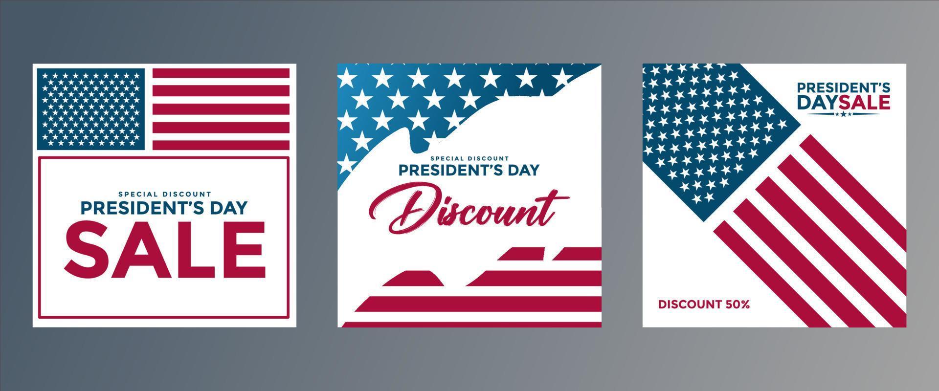 United States President's Day Sale special offer promotional backgrounds set for business, advertising and holiday shopping. Presidents day sales events cards. Vector illustration.