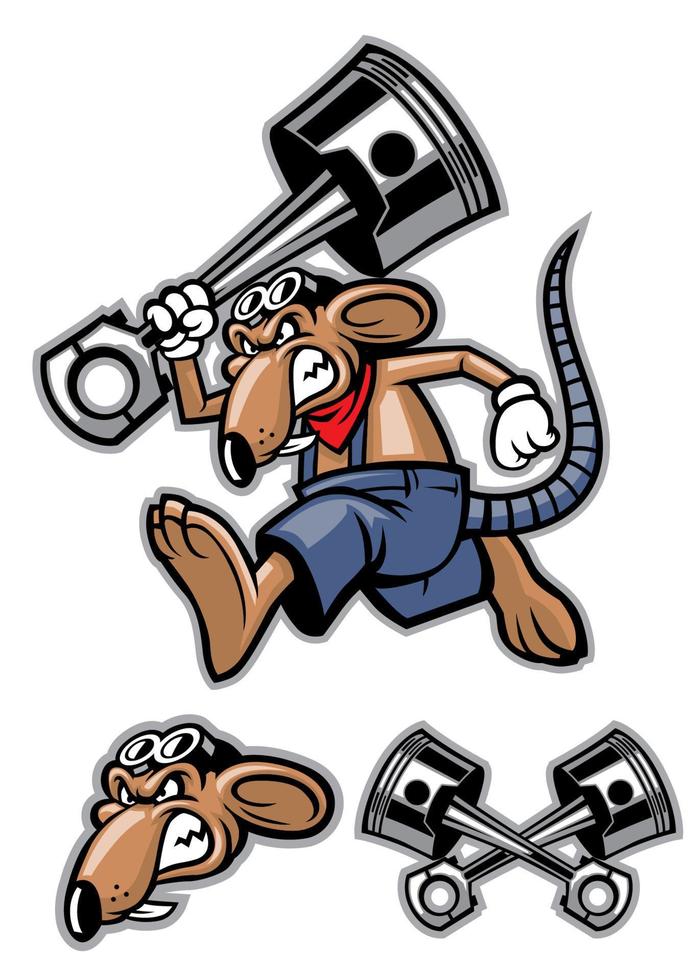 rat mascot holding a big piston vector
