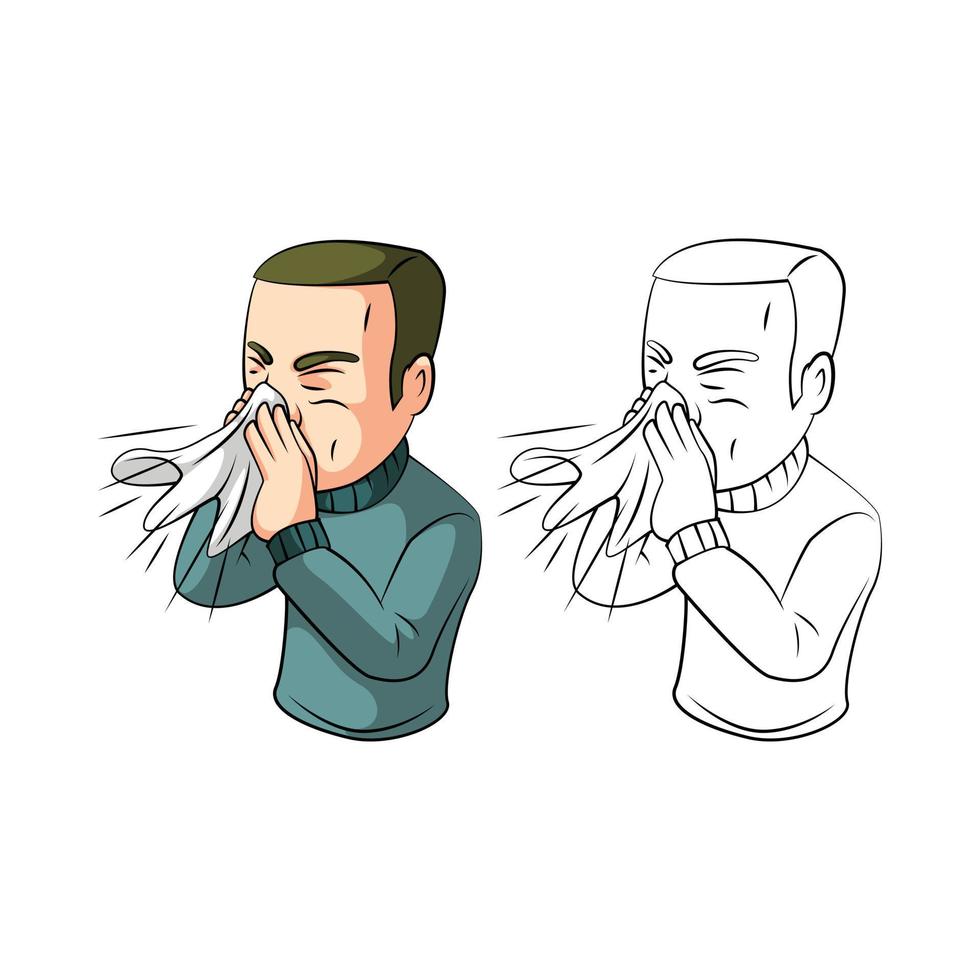 Coloring book sneezing man cartoon character vector