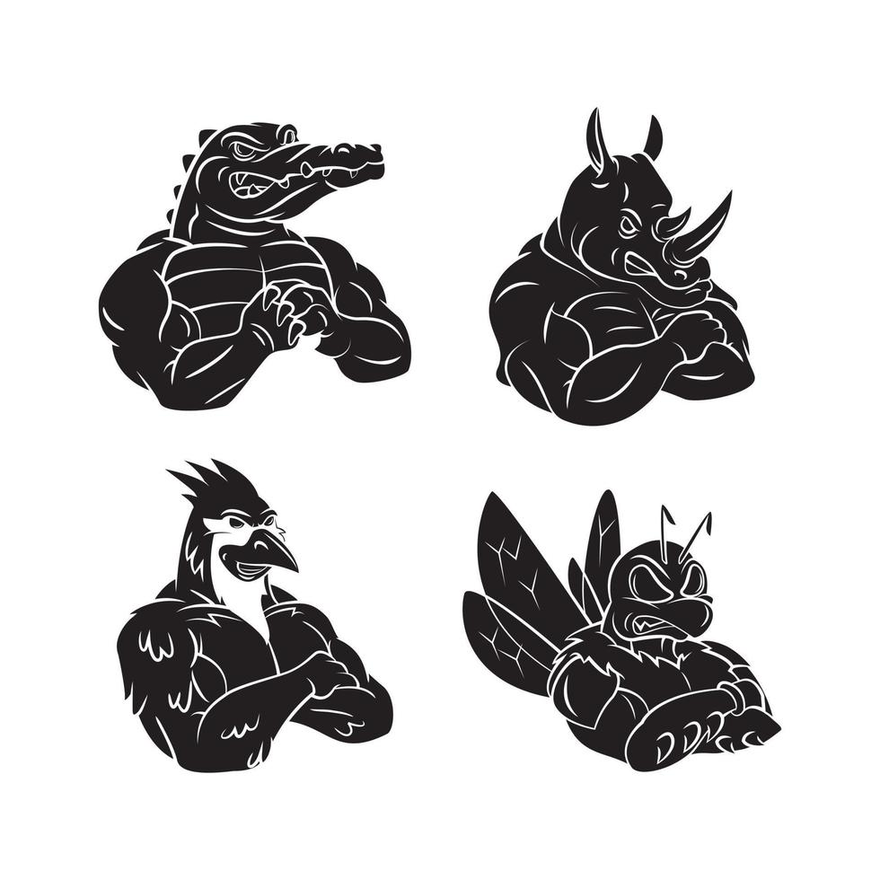 Crocodile, Rhino, Bee and Bird Tattoo Collection on white background vector