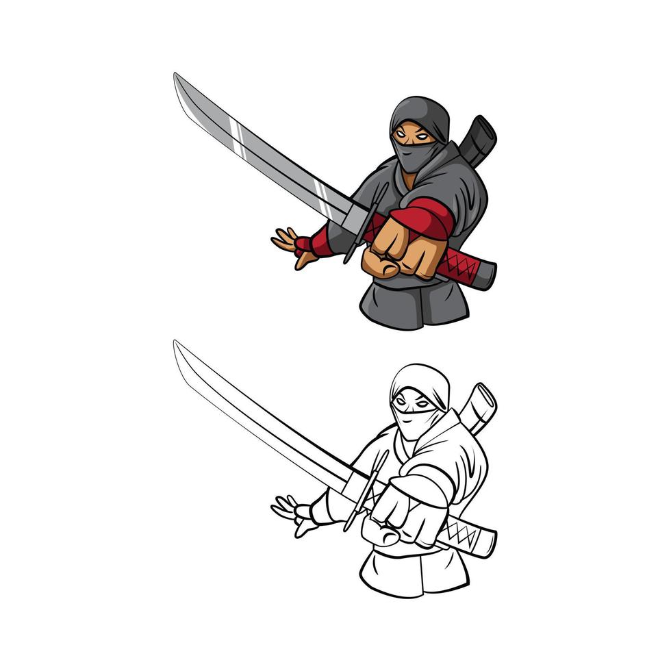 Coloring book ninja cartoon character vector