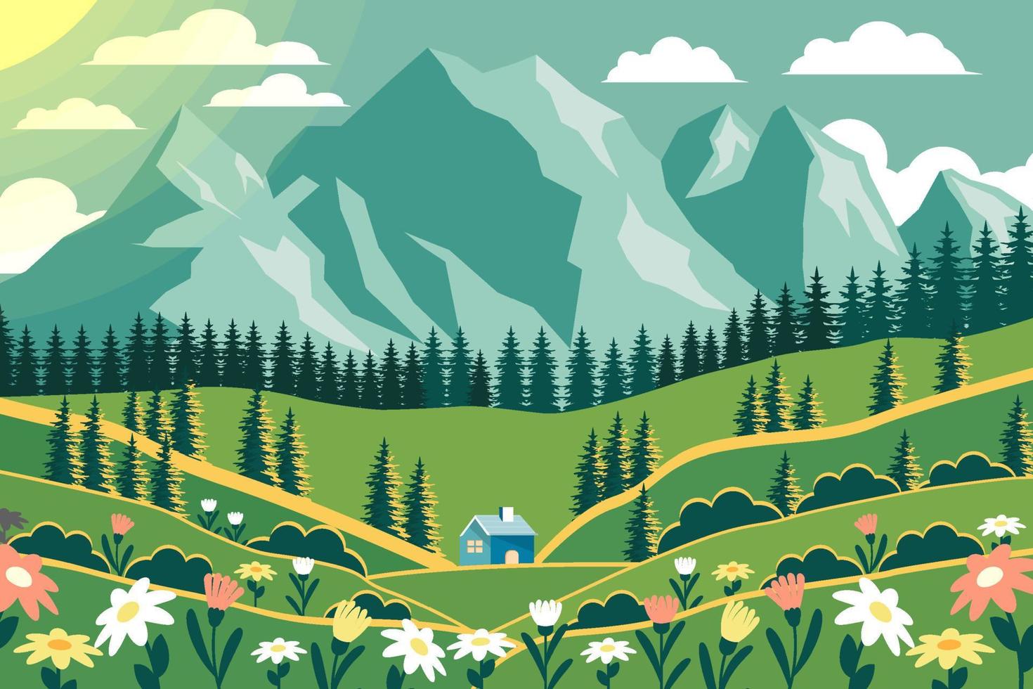 flat design spring landscape with flowers, trees, and a little house on a mountain background vector