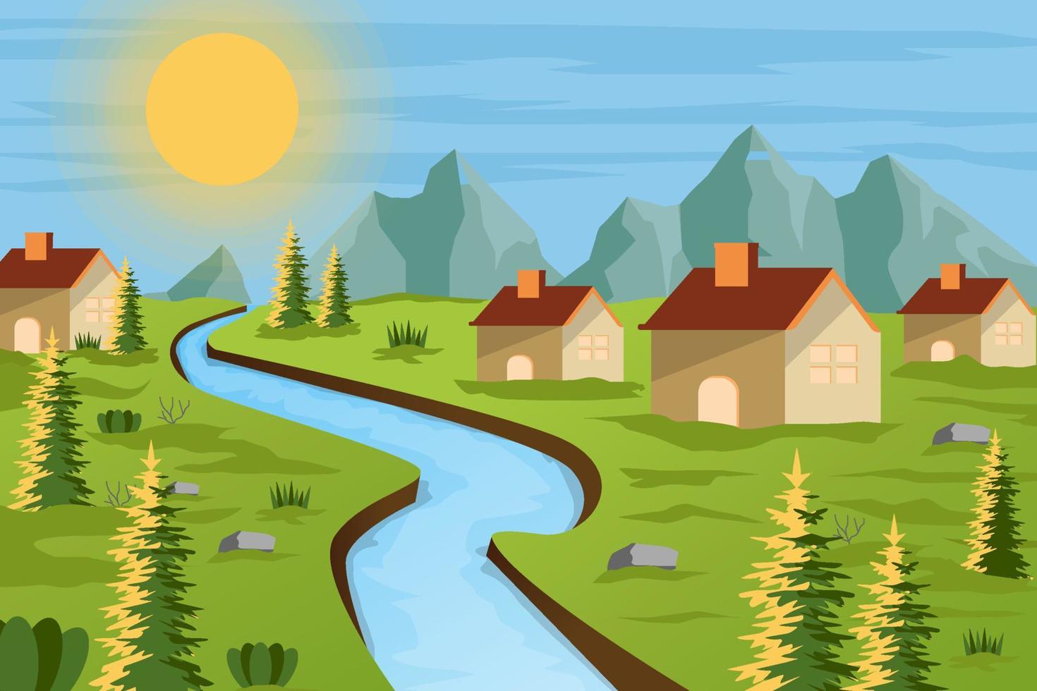 spring village landscape with mountain background vector
