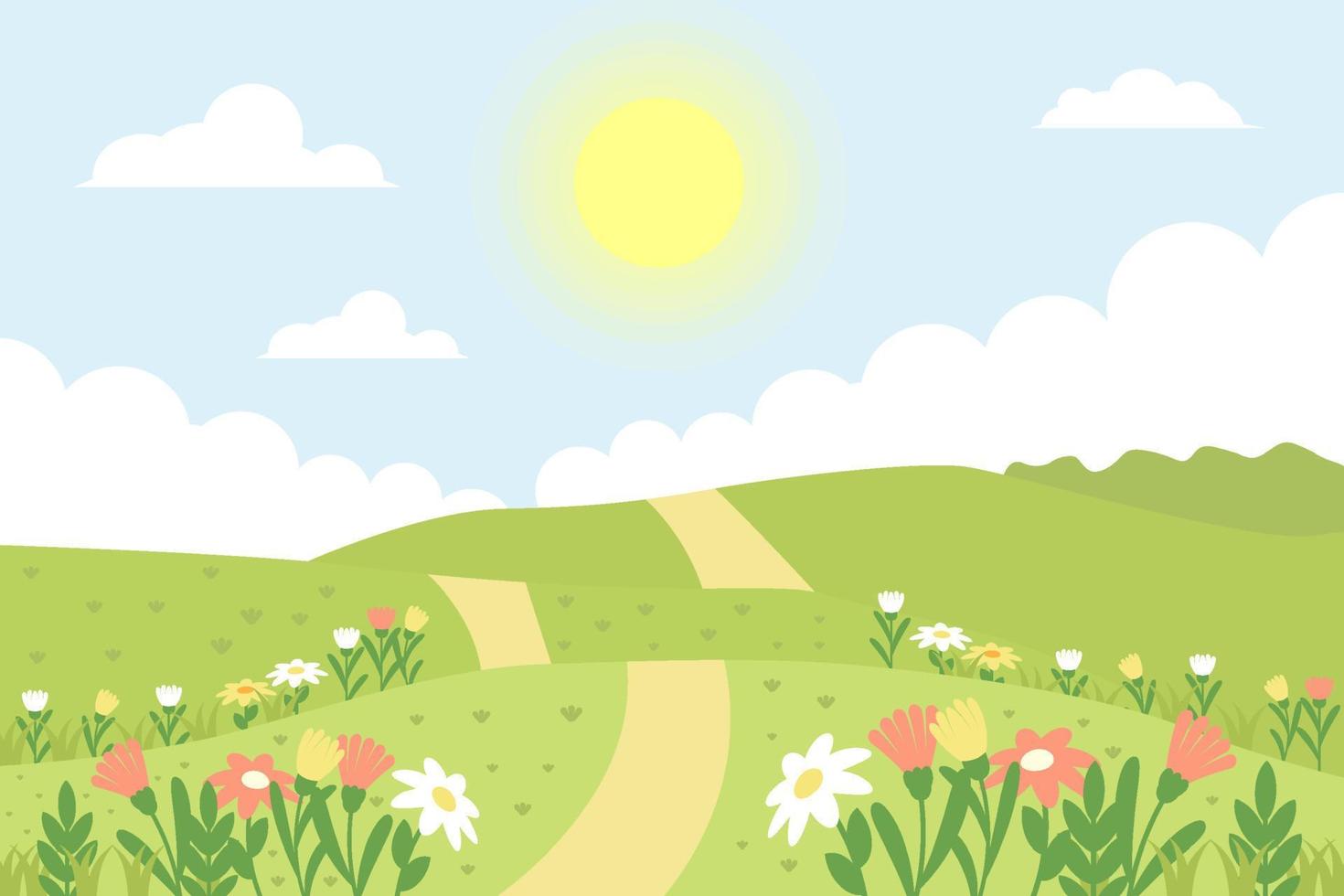 flat spring landscape illustration with spring flowers vector