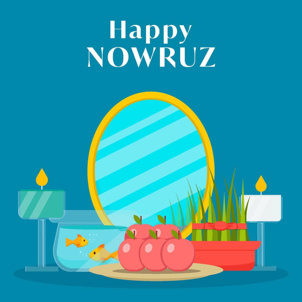 flat design happy nowruz illustration with apple, candles, grass, mirror, and aquarium vector