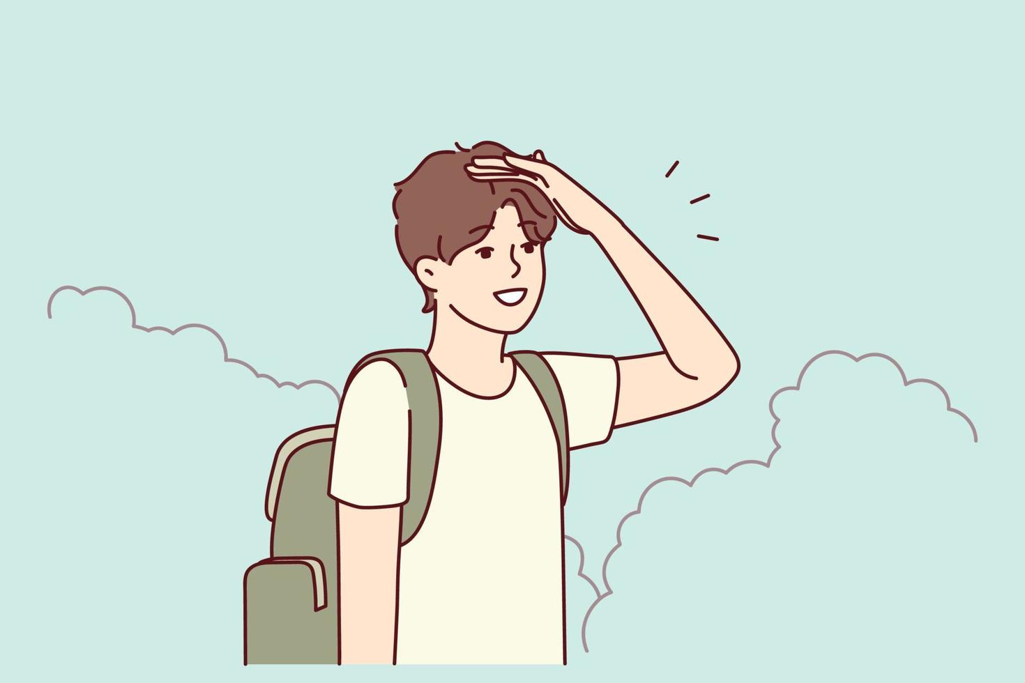 Young man with backpack stand in bushes looking for road. Millennial guy traveler get lost in park searching way out. Travel and navigation. Vector illustration.