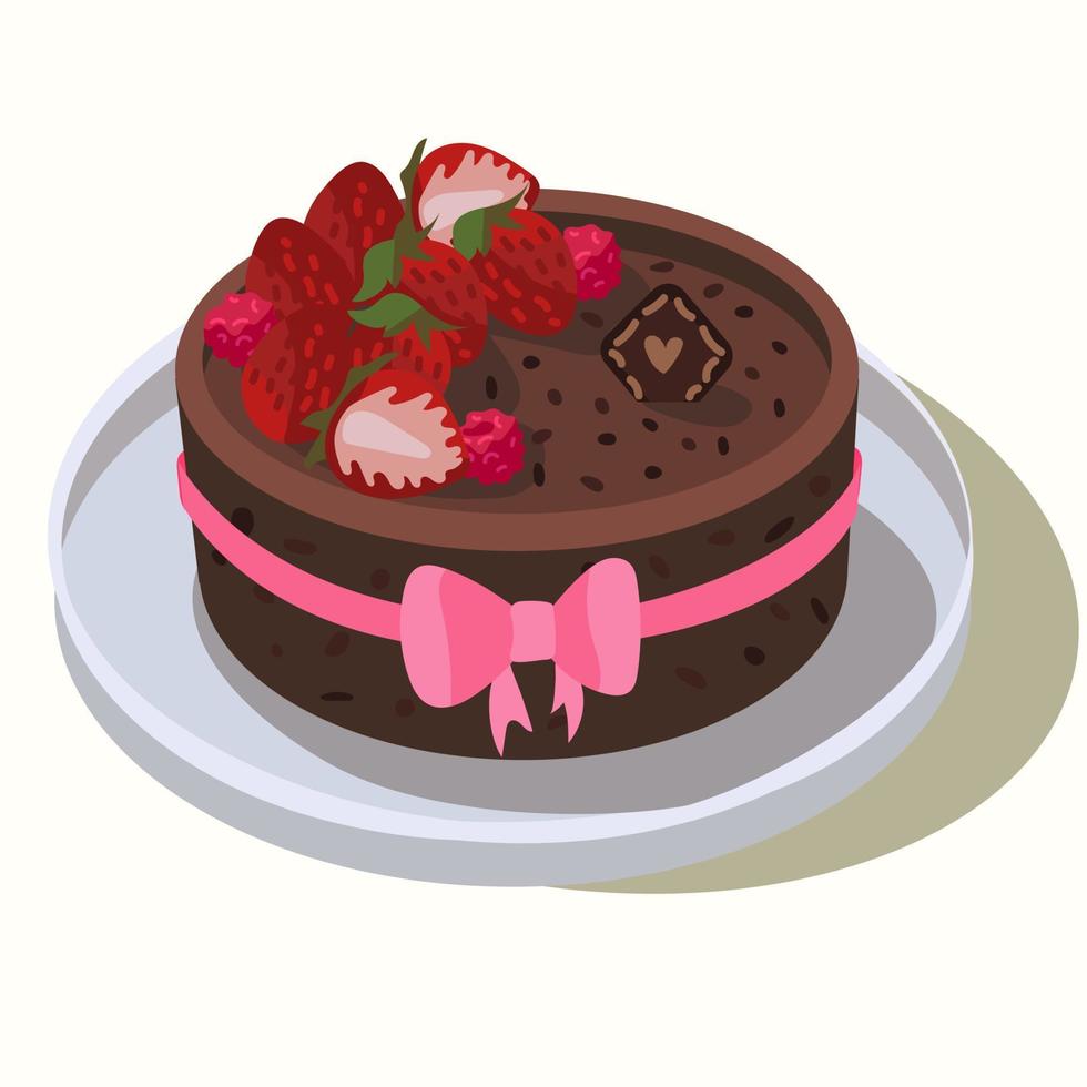 Sweet, delicious mini pie. Hand-drawn vector illustration in cartoon style. Chocolate cheesecake, chocolate cake with strawberries on a plate. For greeting cards, restaurant and bakery menus.