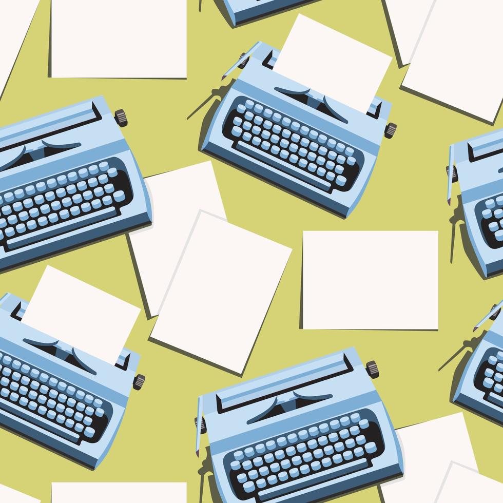 A pattern with bright typewriters and retro-style sheets of paper. A blue typewriter on a green background. Background for celebrating Poet's Day, Writer's Day. Retro style gift wrapping vector